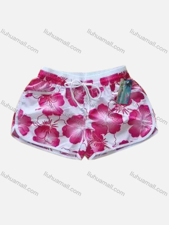 Wholesale Women's Vacation Contrast Floral Print Drawstring Beach Shorts