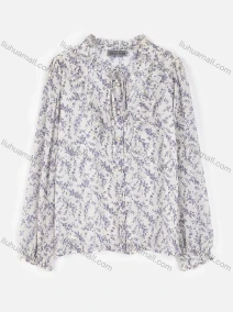 Wholesale Women's Casual Tie Neck Pearl Button Down Ruffle Trim Floral Shirt AT21066#, LIUHUA CLOTHING WHOLESALE