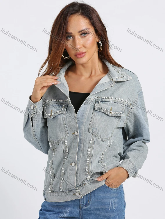 Wholesale Women's Fashion Pearl Decor Button Front Rhinestone Long Sleeve Denim Jacket, Guangzhou Clothing Wholesale Market & Suppliers - LIUHUAMALL, Women