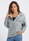 Wholesale Women's Fashion Pearl Decor Button Front Rhinestone Long Sleeve Denim Jacket - Liuhuamall