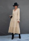 Wholesale Women's Fashion V Neck Poet Sleeve Layered Plain Casual Midi Dress X2448X# - Liuhuamall