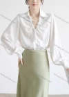 Wholesale Women's Fashion Collar V Neck Bishop Sleeve Pearl Decor Ruched Button Down Plain Shirts 436954# - Liuhuamall