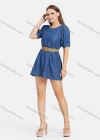 Wholesale Women's Casual High Waist Round Neck Puff Sleeve Demin Mini Dress With Belt - Liuhuamall