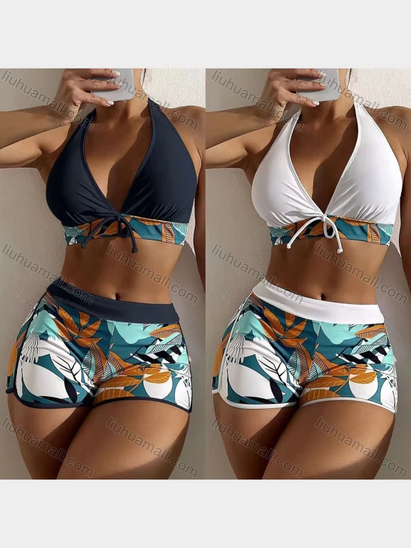 Wholesale Women's Vacation Halter Lace Up Leaf Bra & Trunk 2 Piece Bikini Swimsuit