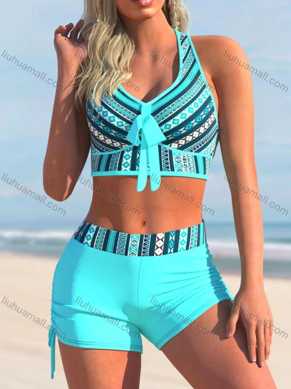 Wholesale Women's Vintage Folkloric Print Top & Trunk 2 Piece Bikini Swimsuit