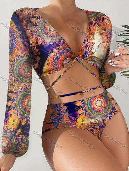 Wholesale Women's Boho Folkloric Print Top & Trunk 2 Piece Bikini Swimsuit