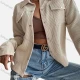 Wholesale Women's Drop Shoulder Plain Button Down Flap Pockets Long Sleeve Overshirt Jacket Beige Clothing Wholesale Market Liuhua