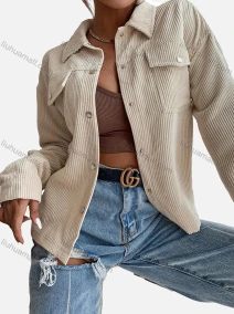 Wholesale Women's Drop Shoulder Plain Button Down Flap Pockets Long Sleeve Overshirt Jacket, LIUHUA CLOTHING WHOLESALE