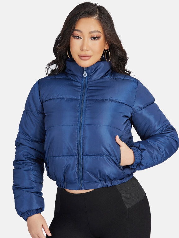 Women's Fashion Stand Collar Pockets Zipper Crop Puffer Jacket 221#, Clothing Wholesale Market -LIUHUA, WOMEN, Outerwears