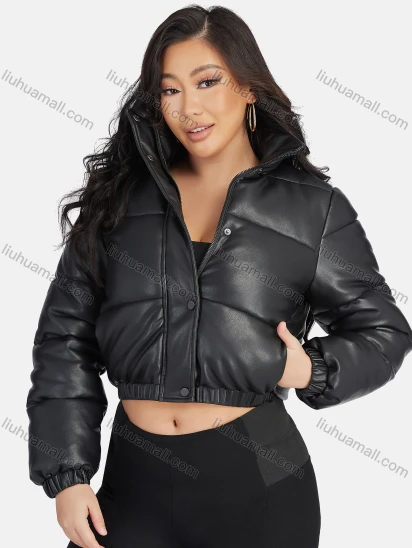 Wholesale Women's Fashion PU Leather Stand Collar Button Down Crop Puffer Jacket 552#