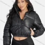 Wholesale Women's Fashion PU Leather Stand Collar Button Down Crop Puffer Jacket 552# preview