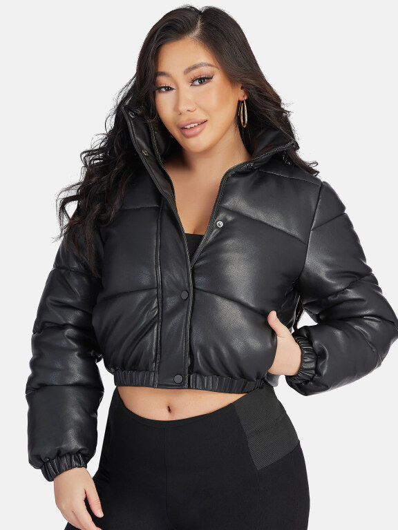 Women's Fashion PU Leather Stand Collar Button Down Crop Puffer Jacket 552#, Clothing Wholesale Market -LIUHUA, WOMEN, Outerwears
