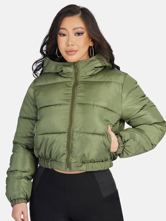 Women's Fashion Hooded Crop Zipper Puffer Jacket 208#, Clothing Wholesale Market -LIUHUA, 