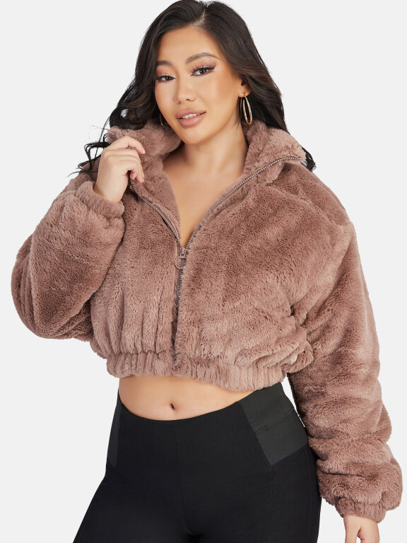 Women's Fashion Stand Collar Crop Zipper Fuzzy Fluffy Jacket 2033#, Clothing Wholesale Market -LIUHUA, WOMEN, Outerwears
