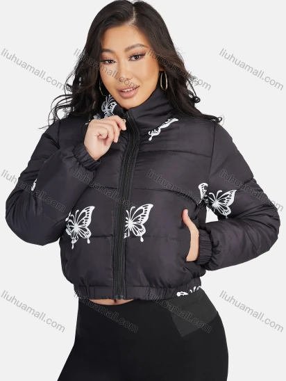 Wholesale Women's Fashion Stand Collar Butterfly Print Zipper Crop Puffer Jacket 888#