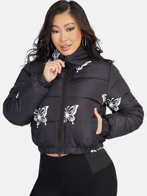 Women's Fashion Stand Collar Butterfly Print Zipper Crop Puffer Jacket 888#, Clothing Wholesale Market -LIUHUA, 