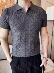 Wholesale Oscar factory men's comfortable short-sleeve polo shirt, knitted diamond-pattern top, warm and soft fabric., LIUHUA CLOTHING WHOLESALE