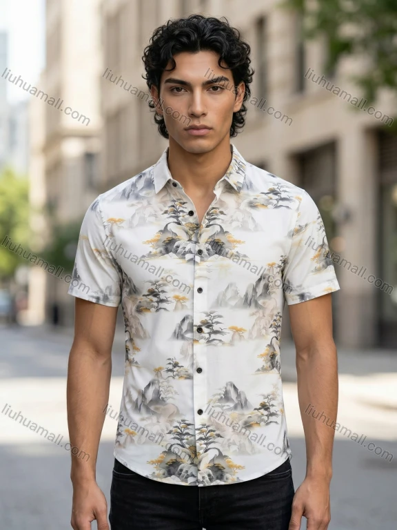 Wholesale 2026 New Men's Slim Fit Short Sleeve Shirt Mountain Pine Tree Print Asian Style Wholesale In Stock