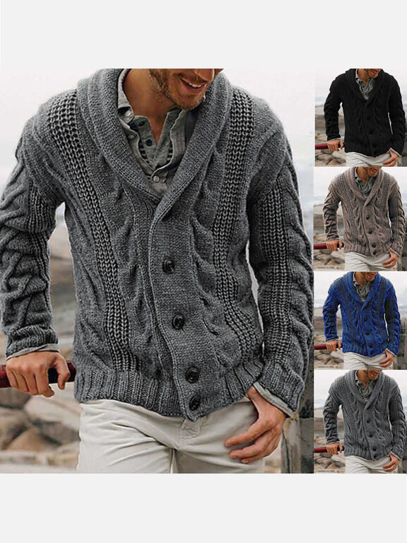 Men's Casual Plain Lapel Collar Long Sleeve Button Down Cable Knit Cardigan, Clothing Wholesale Market -LIUHUA, MEN, Sweaters-Knits
