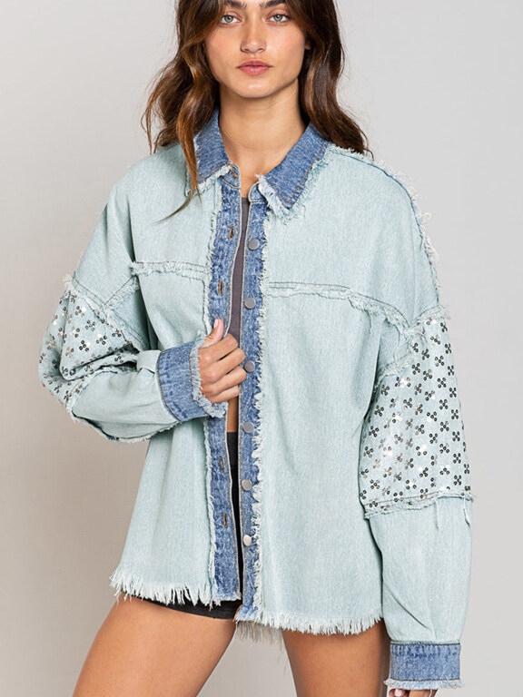 Women's Casual Frayed Raw Contrast Button Down Drop Shoulder Sequin Decor Denim Jacket, Clothing Wholesale Market -LIUHUA, 