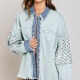 Women's Casual Frayed Raw Contrast Button Down Drop Shoulder Sequin Decor Denim Jacket Denim Clothing Wholesale Market -LIUHUA