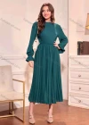 Wholesale Women's Casual Plain Long Sleeve High Waist Pleated Midi Dress - Liuhuamall