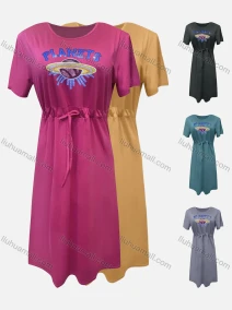 Wholesale Women's Casual Graphic Round Neck High Waist Drawstring Ruffle Hem Midi Dress, LIUHUA CLOTHING WHOLESALE
