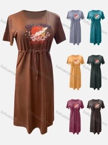 Wholesale Women's Casual Graphic Round Neck High Waist Drawstring Ruffle Hem Midi Dress, LIUHUA CLOTHING WHOLESALE