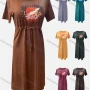Wholesale Women's Casual Graphic Round Neck High Waist Drawstring Ruffle Hem Midi Dress preview