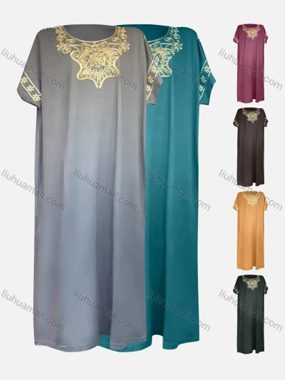 Wholesale Women's Casual Embroidery Round Neck Short Sleeve Ruffle Hem Maxi Kaftan Dress