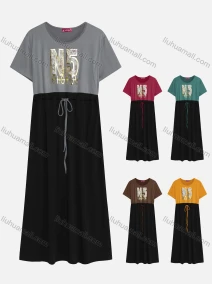 Wholesale Women's Casual Splicing Colorblock Round Neck Short Sleeve Gliding Drawstring Maxi Tee Dress, LIUHUA CLOTHING WHOLESALE