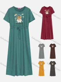 Wholesale Women's Casual Round Neck Short Sleeve Graphic Drawstring Maxi Tee Dress, LIUHUA CLOTHING WHOLESALE