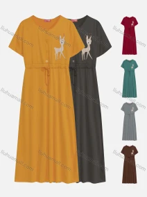 Wholesale Women's Casual Round Neck Short Sleeve Animal Drawstring Buttons Front Maxi Dress, LIUHUA CLOTHING WHOLESALE