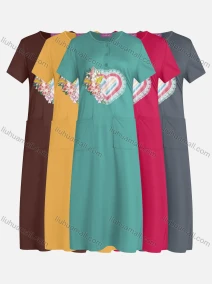 Wholesale Women's Casual Round Neck Graphic Short Sleeve Patch Pockets Midi Dress 576#, LIUHUA CLOTHING WHOLESALE