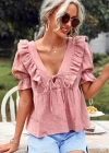 Wholesale Women's Deep V Neck Puff Sleeve Lace Up Ruffle Trim Plain Blouse AY085# - Liuhuamall