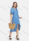 Wholesale Women's Casual V Neck High Low Hem Plain Button Down Midi Dress With Belt - Liuhuamall