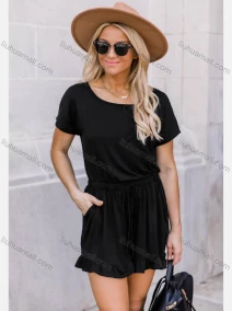 Wholesale Women's Casual Crew Neck Short Sleeve Ruffle Trim Plain Romper, LIUHUA CLOTHING WHOLESALE