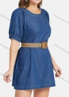 Wholesale Women's Casual High Waist Round Neck Puff Sleeve Demin Mini Dress With Belt - Liuhuamall