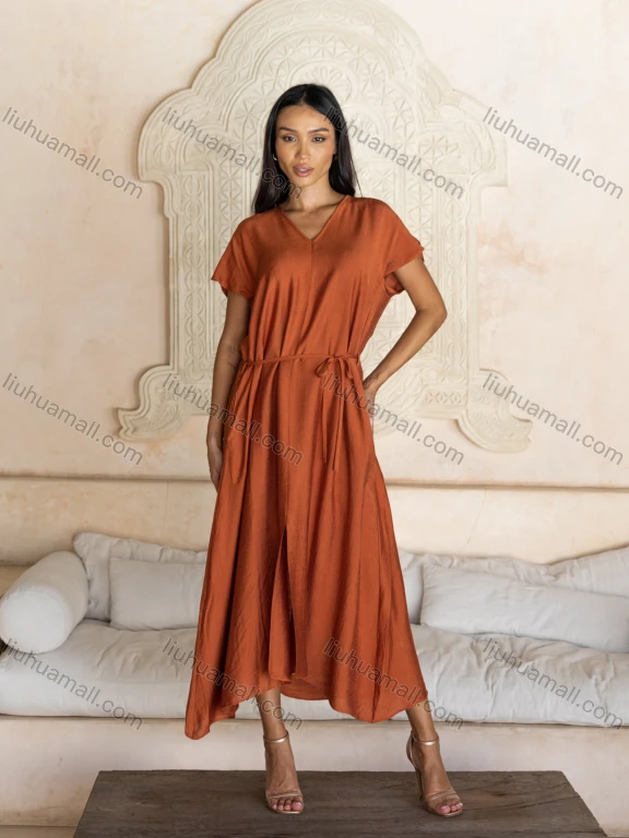 Wholesale Women's Casual Plain V Neck Patch Pocket Short Sleeve Woven Maxi Dress With Belt FYFS026#
