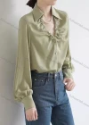 Wholesale Women's Fashion Collar V Neck Bishop Sleeve Pearl Decor Ruched Button Down Plain Shirts 436954# - Liuhuamall