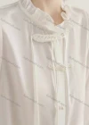 Wholesale Women's Casual Ruffle Neck Lantern Sleeve Tether Front Pearl Decor Ruffle Trim Plain Blouse 272856# - Liuhuamall