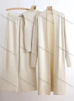 Wholesale Women's Elegant Plain Mid-length Cardigan 3 Piece Set With Wide-leg Pants, LIUHUA CLOTHING WHOLESALE