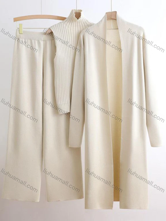 Wholesale Women's Elegant Plain Mid-length Cardigan 3 Piece Set With Wide-leg Pants