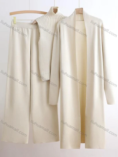 Wholesale Women's Elegant Plain Mid-length Cardigan 3 Piece Set With Wide-leg Pants