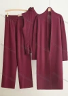 Wholesale Women's Elegant Plain Mid-length Cardigan 3 Piece Set With Wide-leg Pants - Liuhuamall