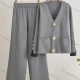 Wholesale Women's Elegant Plain Patch Pocket Cardigan 2 Piece Set With Wide-leg Pants Gray Clothing Wholesale Market Liuhua