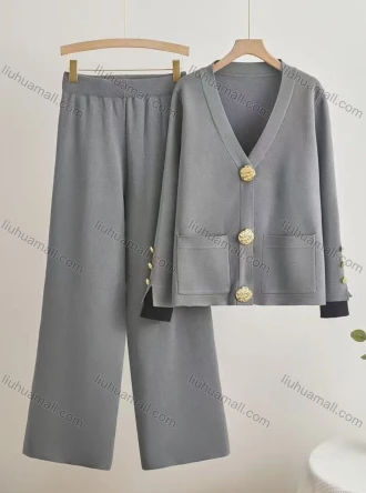 Wholesale Women's Elegant Plain Patch Pocket Cardigan 2 Piece Set With Wide-leg Pants, LIUHUA CLOTHING WHOLESALE