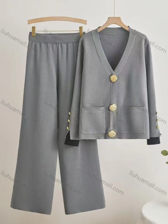 Wholesale Women's Elegant Plain Patch Pocket Cardigan 2 Piece Set With Wide-leg Pants