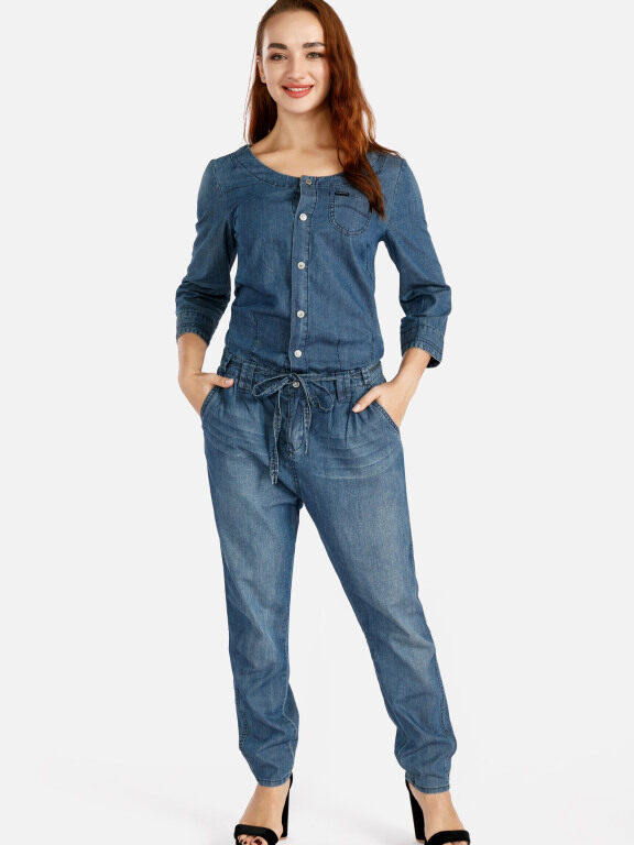 Women's Plus Size Casual Round Neck Button Front Top & Straight Leg Pants Denim 2 Piece Set, Clothing Wholesale Market -LIUHUA, 