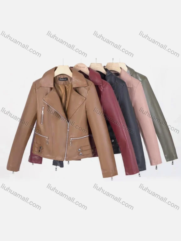 Wholesale Women's Casual Lapel Long Sleeve Zipper Plain Leather Crop Biker Jacket